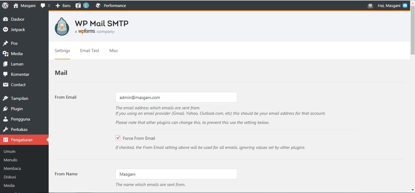 Halaman setting plugin WP MAIL SMTP