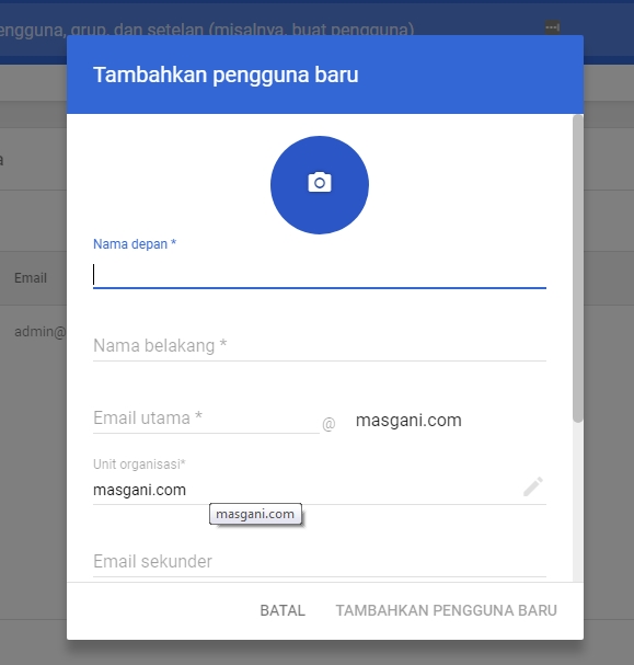 Masukan detail pengguna baru g suite