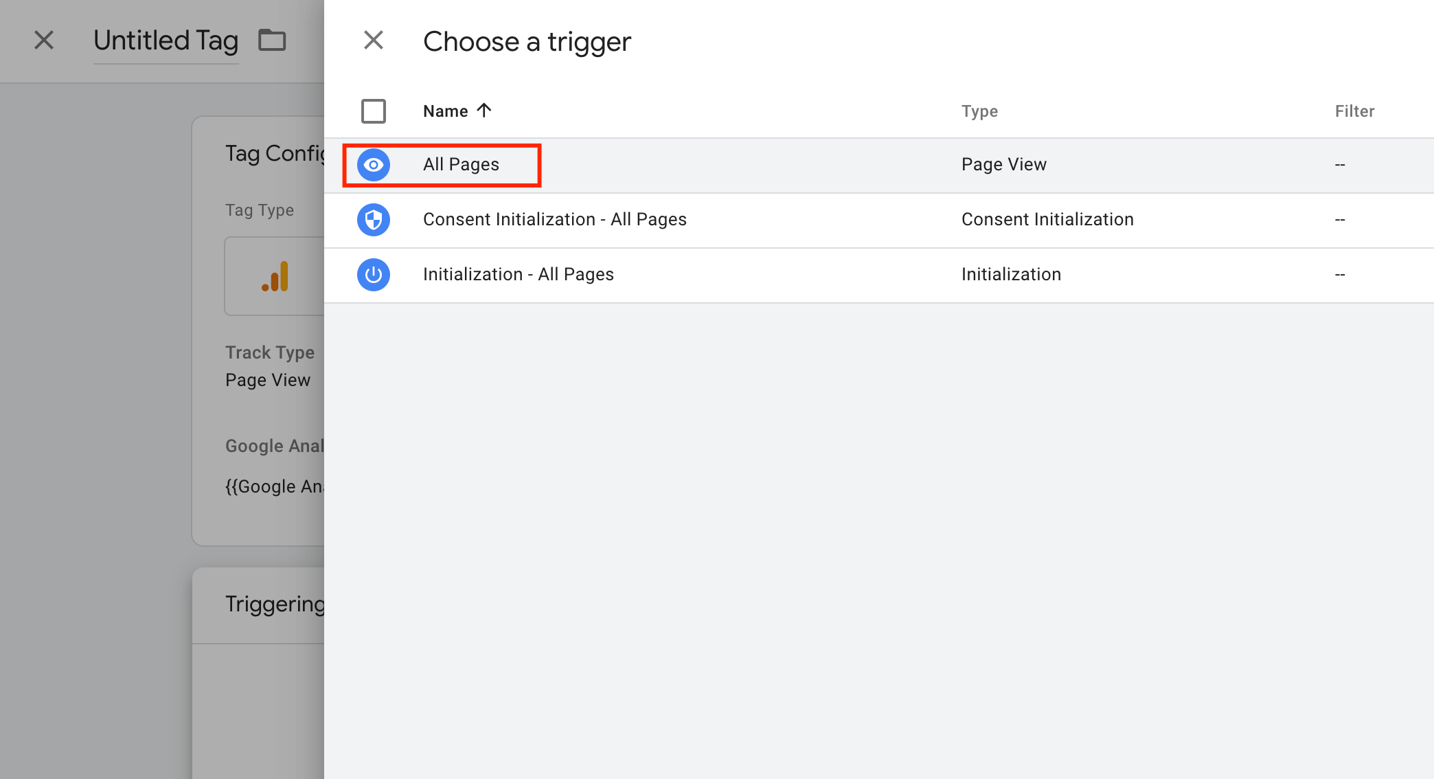 pilih triggering google tag manager